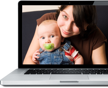 Taptop screen showing mother and baby